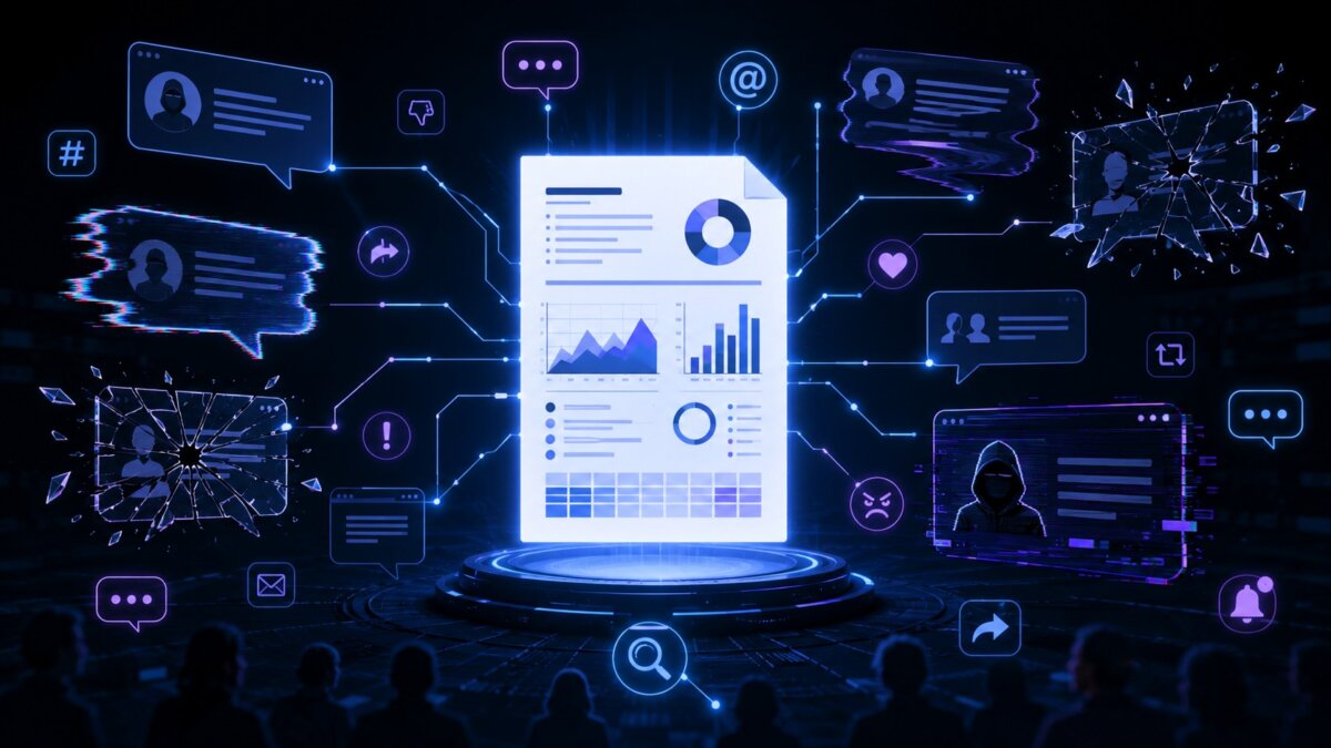 Zentrales Datendokument vernetzt mit Social-Media-Icons, Chat-Fenstern und Symbolen für Cyber-Bedrohungen