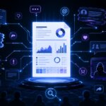 Zentrales Datendokument vernetzt mit Social-Media-Icons, Chat-Fenstern und Symbolen für Cyber-Bedrohungen