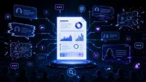 Zentrales Datendokument vernetzt mit Social-Media-Icons, Chat-Fenstern und Symbolen für Cyber-Bedrohungen