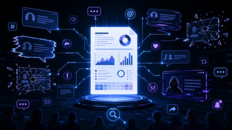 Zentrales Datendokument vernetzt mit Social-Media-Icons, Chat-Fenstern und Symbolen für Cyber-Bedrohungen