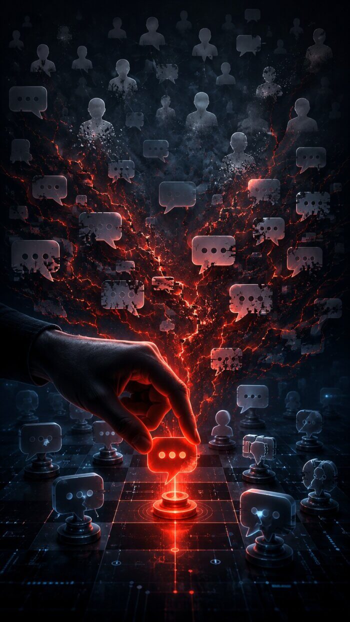 Hand bewegt eine rot leuchtende Sprechblase auf einem digitalen Schachbrett, umgeben von Silhouetten und Chat-Icons
