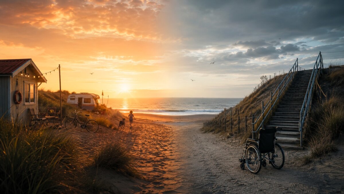 Gegenüberstellung: Ein barrierefreier Weg zum Meer im Sonnenuntergang und ein leerer Rollstuhl vor einer steilen Treppe