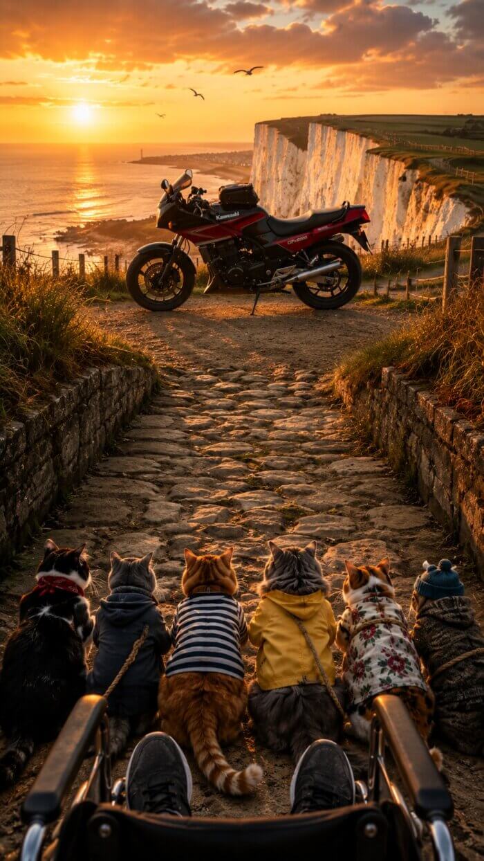 Sechs bekleidete Katzen und eine Person im Rollstuhl blicken auf ein Motorrad vor einer Steilküste im Sonnenuntergang