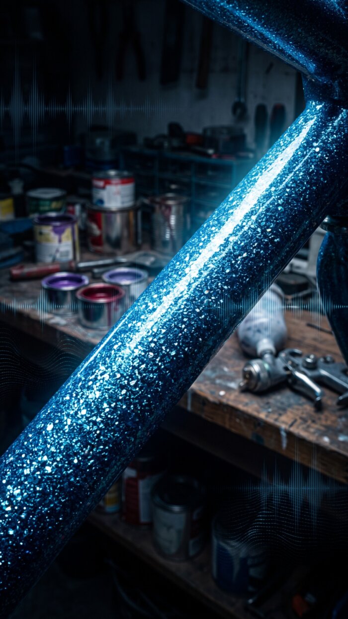 Nahaufnahme eines blau glitzernd lackierten Fahrradrahmens in einer Werkstatt mit Farbdosen und Spritzpistole