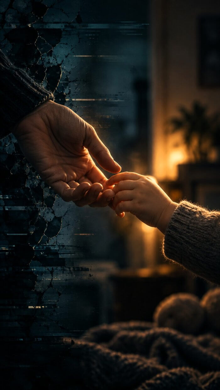 La main d'un adulte touche doucement la petite main d'un enfant