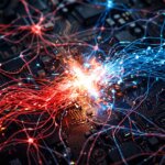 Rot und blau leuchtende Datenströme kollidieren mit Funkenflug auf einer Platine