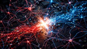 Rot und blau leuchtende Datenströme kollidieren mit Funkenflug auf einer Platine