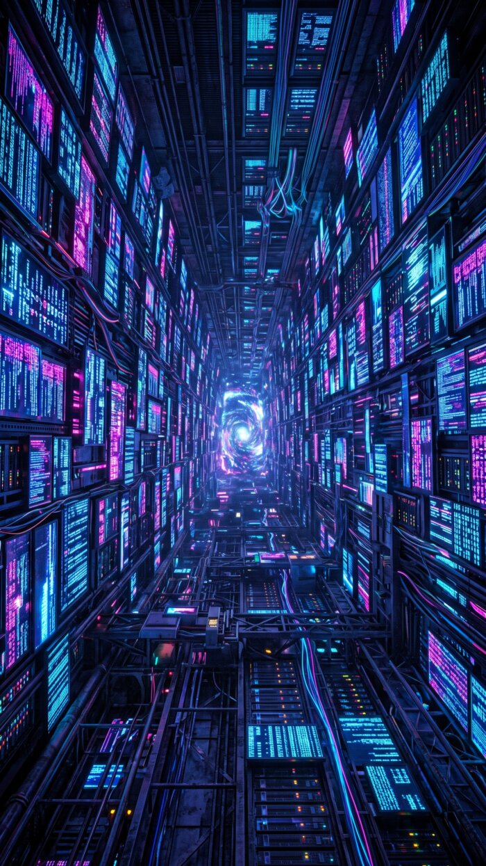 Futuristischer Server-Tunnel im Cyberpunk-Stil mit unzähligen leuchtenden Bildschirmen und einem hellen Portal am Ende