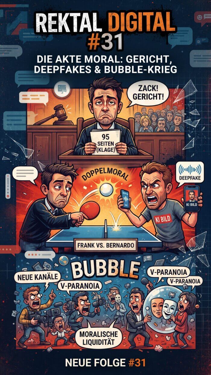 Rektal Digital #31: Die Akte Moral – Gericht, Deepfakes & Bubble-Krieg. Grafik mit Cartoons zu Klagen, Doppelmoral und KI