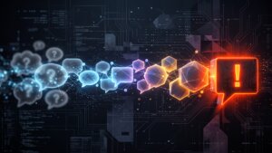 Digitale Transformation von blauen Sprechblasen mit Fragezeichen zu einer leuchtend roten Sprechblase mit Ausrufezeichen