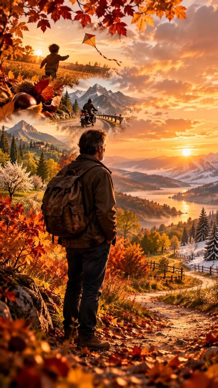 Mann mit Rucksack blickt bei Sonnenuntergang auf eine Landschaft, umgeben von Erinnerungen aus verschiedenen Lebensphasen