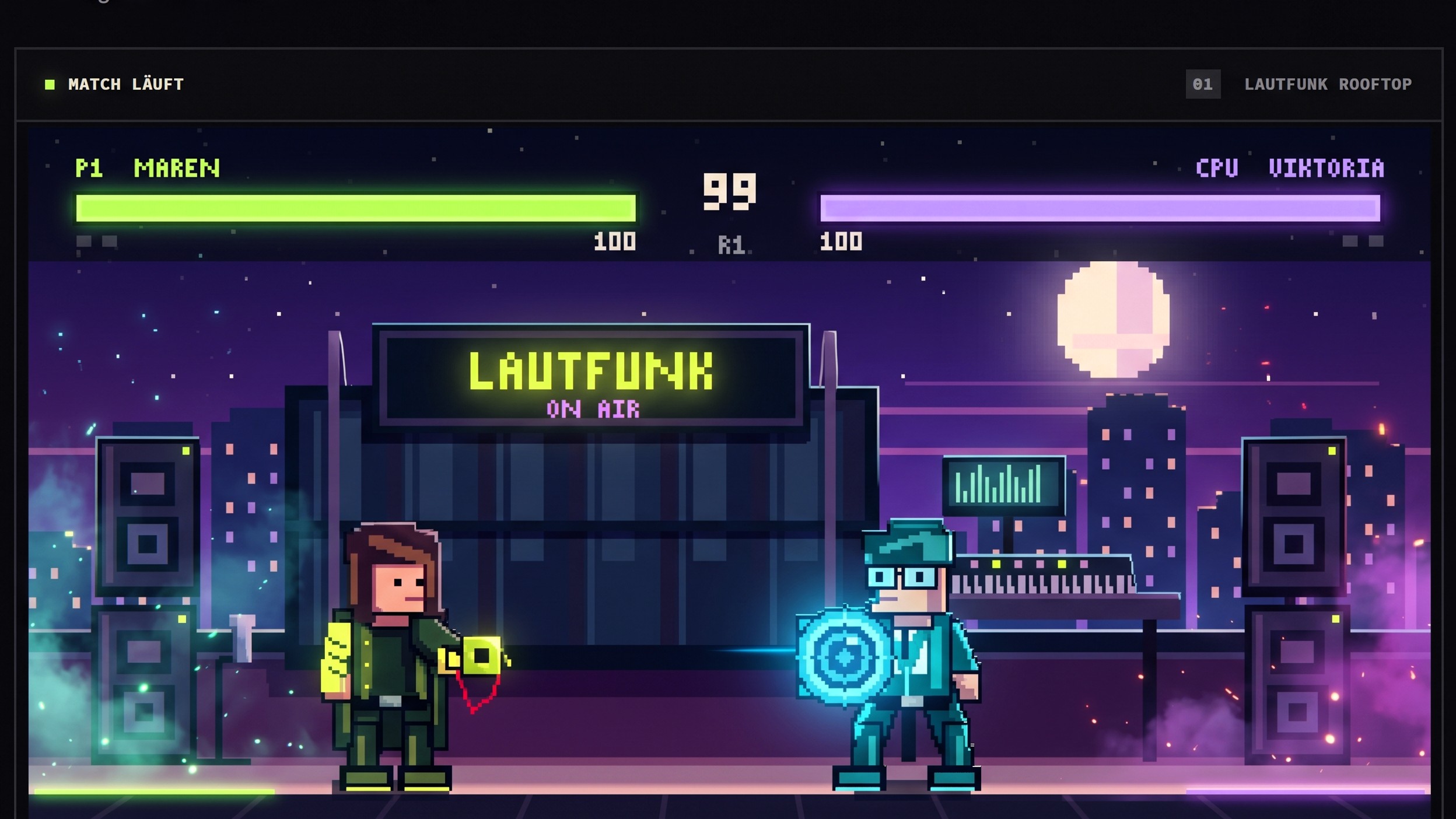 Pixel-Art-Kampfspiel: P1 Maren tritt auf der Dachterrasse Lautfunk Rooftop gegen CPU Viktoria an