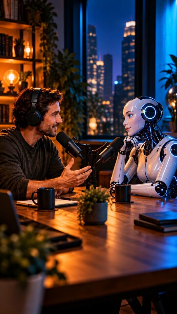 Ein Mann und ein humanoider Roboter sitzen sich in einem Podcast-Studio gegenüber und sprechen in Mikrofone