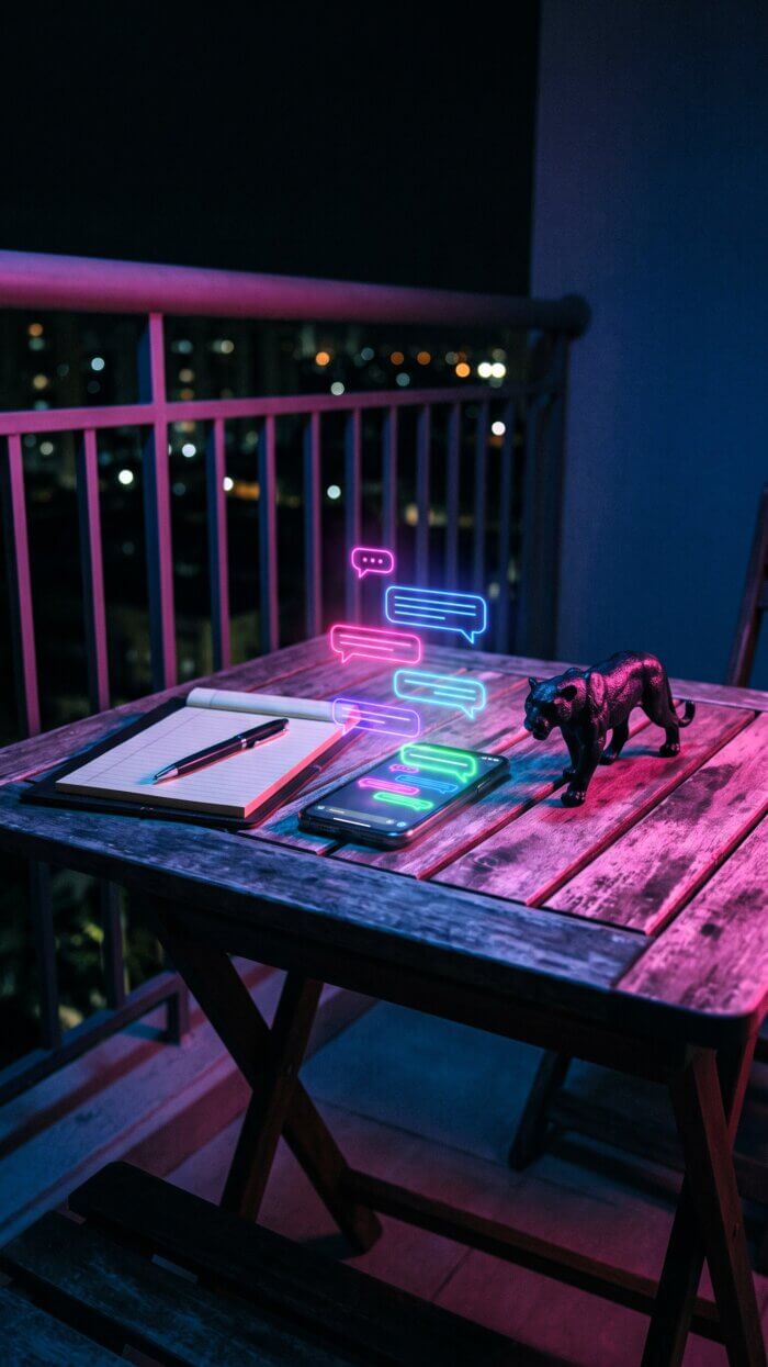 Smartphone auf einem Tisch bei Nacht mit darüber schwebenden, leuchtenden Neon-Sprechblasen sowie Notizbuch und Pantherfigur