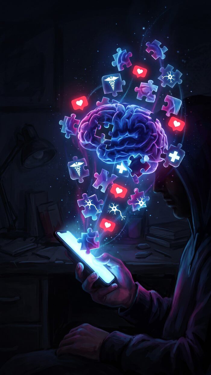 Person mit Smartphone, aus dessen leuchtendem Display ein Gehirn, Puzzleteile, Herzen und medizinische Symbole aufsteigen