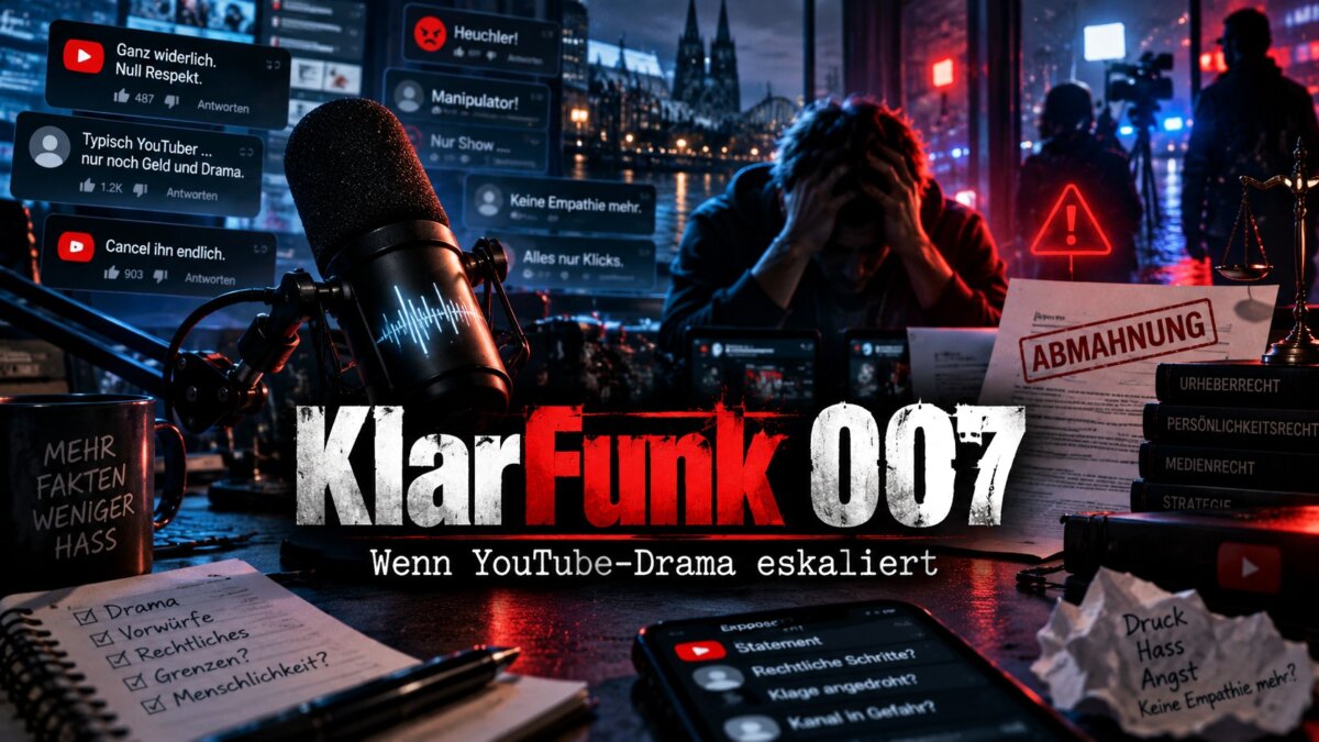 KlarFunk 007: Wenn YouTube-Drama eskaliert. Verzweifelte Person am Mikrofon umgeben von Hasskommentaren und Abmahnung