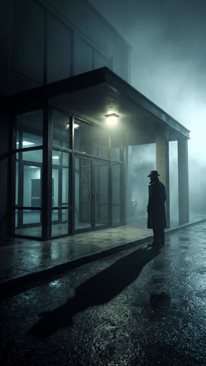Silhouette einer Person mit Hut und Mantel nachts im Nebel vor einem beleuchteten Gebäudeeingang